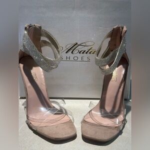 ACATA SZ 6 Rhinestone Straps Clear Open Toe Tan  Suede High Heel Shoes Zip Back